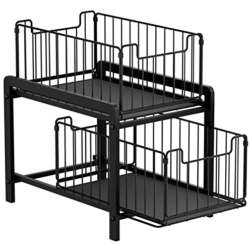 NPPLUS 2-Tier Under Sink Organzier: Iron Under Sink Cabinet Organizers With Sliding Drawer - Pull Out Home Storage For Bathroom Kitchen Desktop (Black)