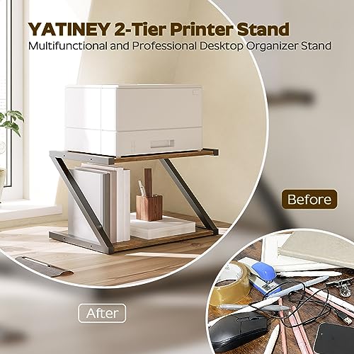 YATINEY Desktop Printer Stand, 2-Tier Printer Table with Storage Shelf, Under Desk Printer Stand for Office, Open Organizer Shelf, Easy Assembly, Rustic Brown PS02BR