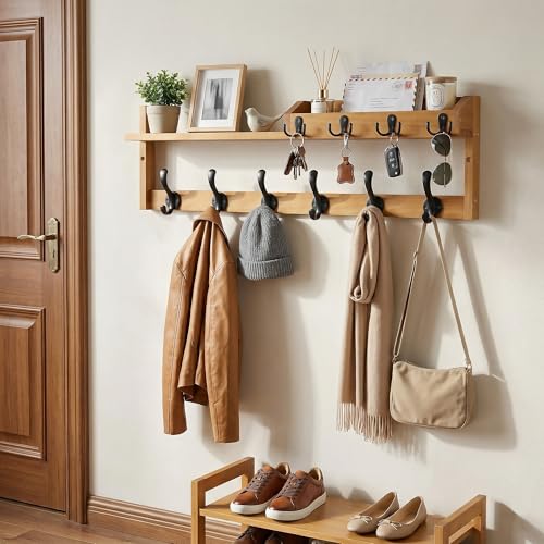 Coat Rack Wall Mount with Shelf, 27.5" Entryway Wall Hanging Shelf, Coat and Key Hanger with 10 Dual Hooks, Mail Organizer and Key Holder Hat Rack for Wall, Wood Coat Hooks with Storage - color: Brown