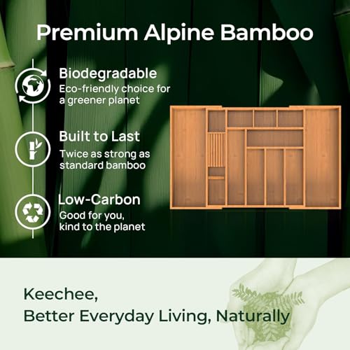 keechee Carbonized Large Bamboo Kitchen Drawer Organizer, 12 Slots Expandable Silverware Organizer, Utensil Holder & Cutlery Tray, 2.5" Deep for Extra Capacity, Non-Slip Feet Included - size: 12 Slots（Large & Expandable）