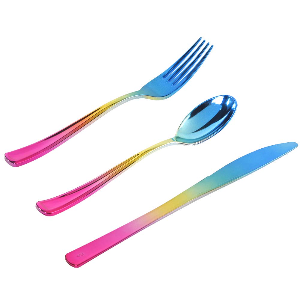 Supernal 120pcs Rainbow Plastic Silverware Set, Blue Pink Gold Ombre