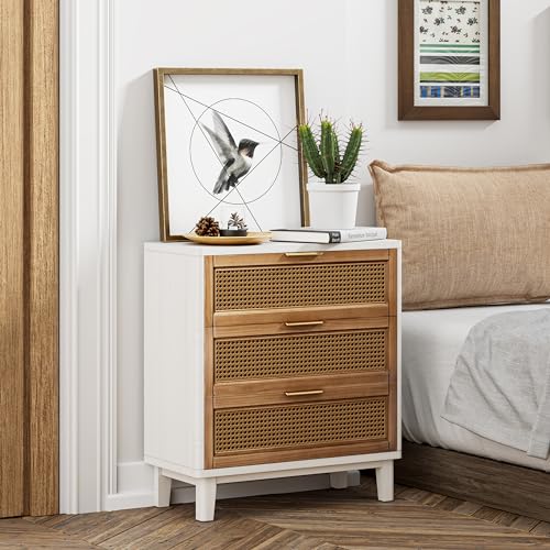 COZAYH Farmhouse 3-Drawer Nightstand, Set of 2 Rattan Cane Front Accent Dresser with Brass Pull, Distressed White - color: Distressed White, style: 3 Drawer/2 pack