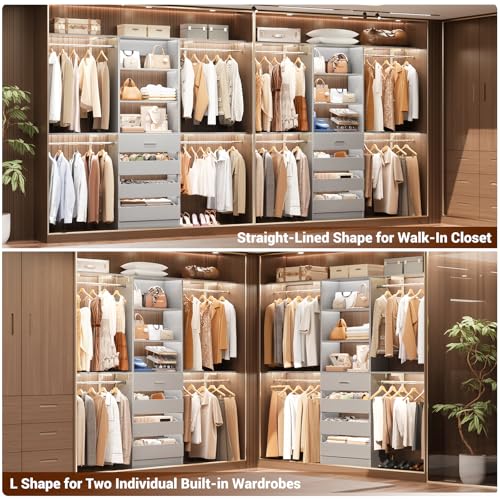 Aheaplus Closet System with Drawers Set of 2, Wood Closet Organizer System with 8 Hanging Rods & Top Shelves, Walk-in Closets Organizer Wardrobe Clothes Rack System, Cut Fits Spaces 4-9FT. Wide, Grey1 - color: Grey