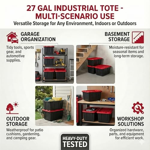 27 Gal Industrial Tote,2 Pack Plastic Storage Bins with Lids Tough Large Storage Bin,Black with Red Lid Plastic Storage,Stackable & Nestable for Garage, Basement, or Outdoor (2 Pack) - size: 2 Pack