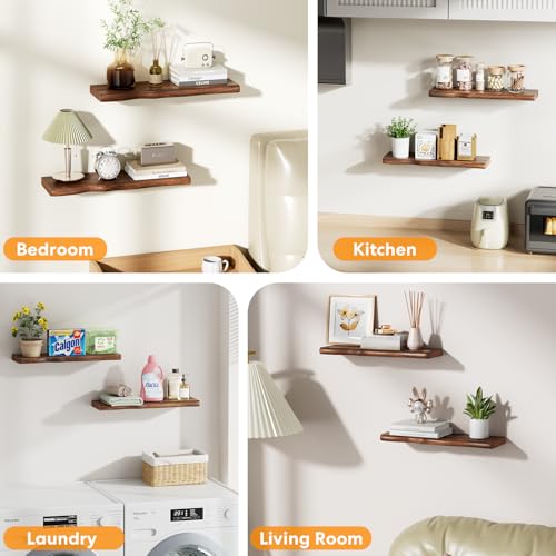 Solid Wood Live Edge Floating Shelves Set of 2 – 24" Rustic Wall Shelf with Hidden Bracket System, Wall Mounted Shelves for Bathroom, Kitchen, Living Room, Bedroom (Glazed Walnut) - color: Glazed Walnut, size: 24 inch - 2pcs