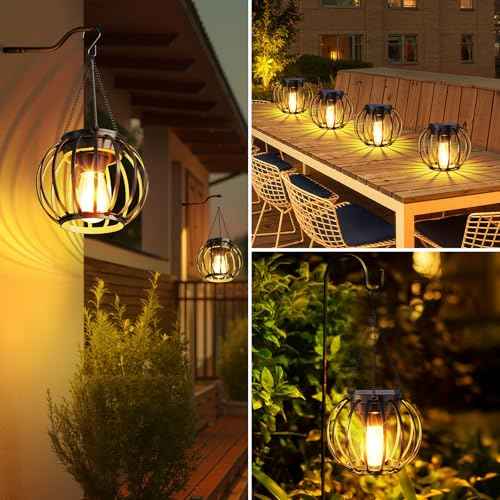 Solar Lanterns Outdoor Waterproof 4 Pack, Upgraded Metal Hanging Solar Lights for Outside with Auto On/Off & Hook - Brighter Hanging Outdoor Lanterns Decorative Lighting for Garden Patio Yard