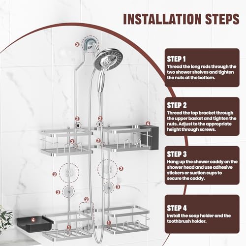 REINHARDT Adjustable Shower Caddy Hanging Rustproof Shower Caddy for Handheld Showerheads, Shower Organizer with Hooks Soap Holder, Anti-Swing Shower Rack Bathroom Accessories, Silver - color: Silver