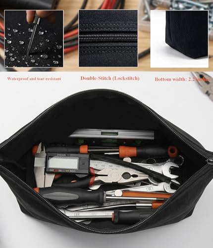 Heavy Duty Canvas Tool Pouch, Multi-Purpose Zipper Utility Bag, Durable Storage Organizer for Tools, Makeup, Cords & Travel Accessories - Black