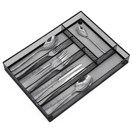 Neudeco Silverware Drawer Organizer - 5 Compartment Cutlery Tray with Non-Slip Feet, Mesh Wire Flatware Storage Divider for Kitchen, Bedroom, Living Room (Black) - color: Black