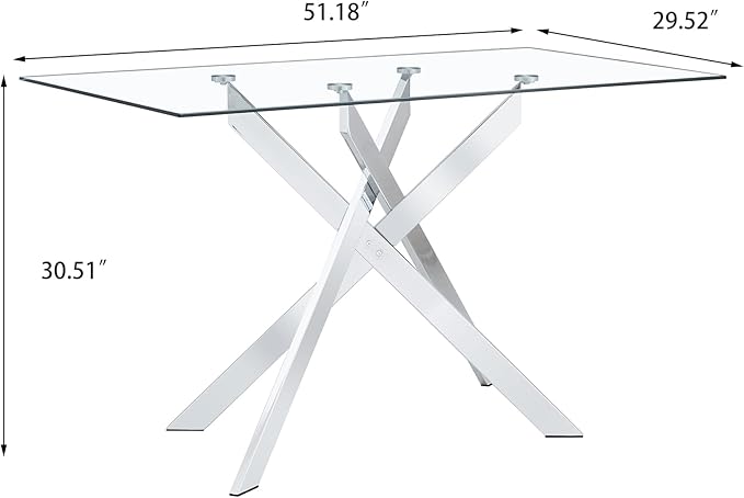 51" Rectangular Glass Dining Table Modern Kitchen Glass Top Table for 4 with Silver Metal Legs, Clear Dining Table Kitchen Table for Home Office Dining Room