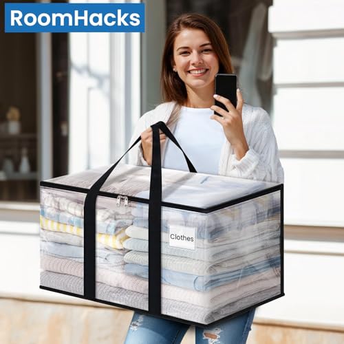 RoomHacks Clear Heavy Duty Extra Large Moving Bags, Reinforced Handle and Double Zipper, Storage Bags Alternative to Moving Box (10 Packs) - size: 100L- 10Packs