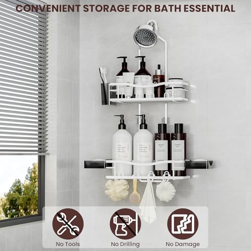 REINHARDT Shower Caddy Hanging, Rustproof Shower Caddy Anti-Swing Shower Organizer No Drilling Showers Racks with Soap Holder Multi Hooks Bathroom Storage for Shampoo Sponge, White - color: White