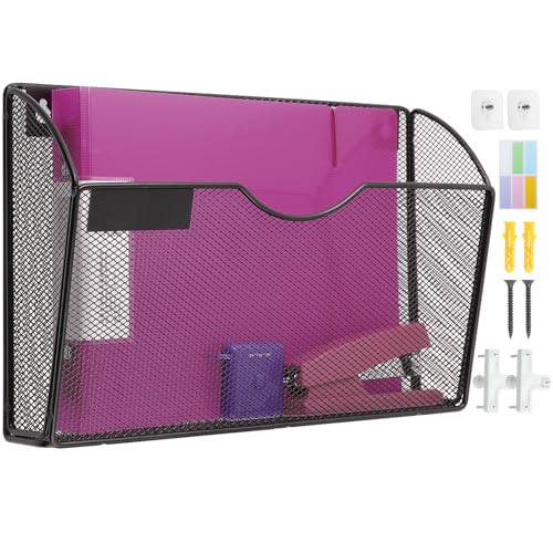 1 Pocket Mesh Wall File Holder Organizer Office Hanging File Folder Magazine Rack, Nametag Label Hooks Set Included (Black)