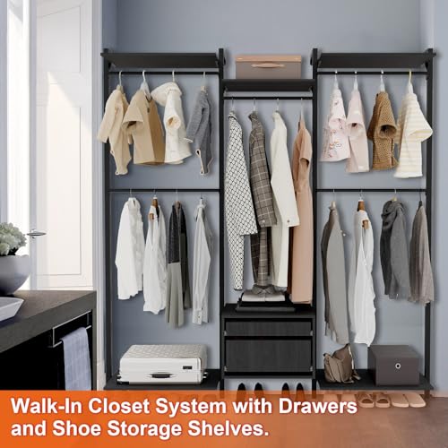 Wall-Mounted Steel & Wood Closet Organizer System with 4 Adjustable Shelves, 5 Hanging Rods, and 2 Drawers – Modern Open Wardrobe, Black - color: BC03-black