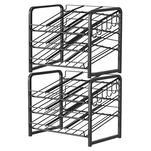 6-Tier Stackable Soda Can Rack Organizer for Pantry, Adjustable Can Dispenser Holds Up to 60 Cans, with 12 Hooks, Can Storage Holder for Various Ounces of Canned Food Soda Drinks, Black, 2 Pack