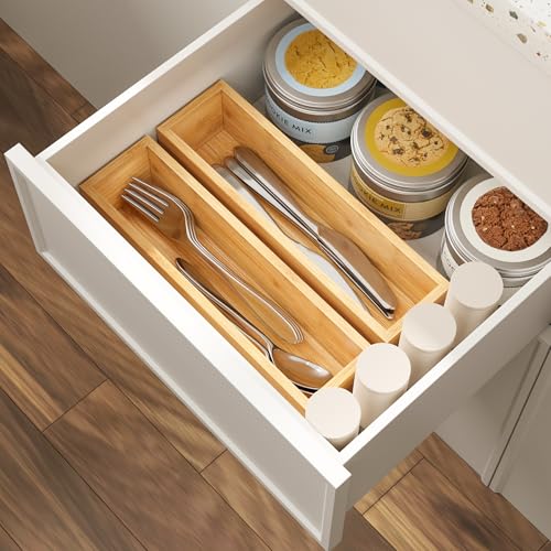 BAMEOS Kitchen Drawer Organizer,Small Silverware Drawer Organizer,Bamboo Utensil Organizer for Bathroom, Dressing Room, Office, Pantry (Natural, 11"x 3") Set of 2 - size: 2 Boxes 11x3"