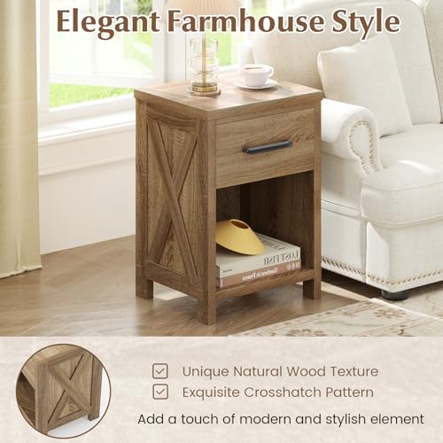 Giantex Farmhouse Nightstand, Wooden Bedside Table with Storage Drawer & Open Shelf, End Side Table, Rustic Night Stand for Small Space Bedroom & Home Office, Natural