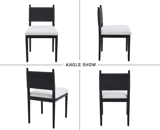 CIMOTA Black Dining Chairs Set of 6, Mid Century Modern Upholstered Dining Room Chairs with Woven Back, Armless Kitchen Chairs with Solid Wood Legs,Linen Beige