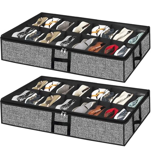 Under Bed Shoe Storage Organizer for Closet 2 Pack Fits 32 Pairs Underbed Shoes Container Boxes with Sturdy H-Handles, Foldable Shoe Rack Holder,Black - color: Black-32pairs, style: H-Handle