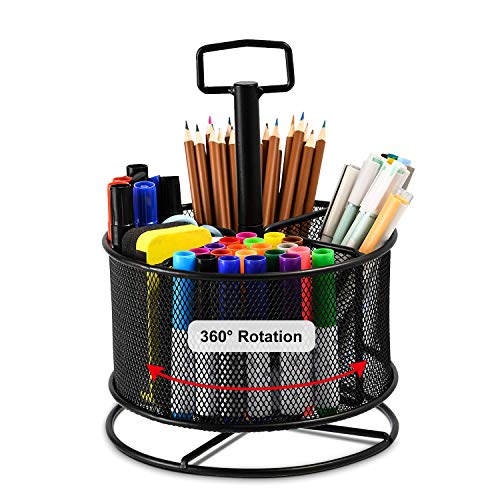 Marbrasse Mesh Desk Organizer, 360-Degree Rotating Multi-Functional Pen Holder, 4 Compartments Desktop Stationary Organizer, Home Office Art Supply Storage Box Caddy (Black) - color: Black