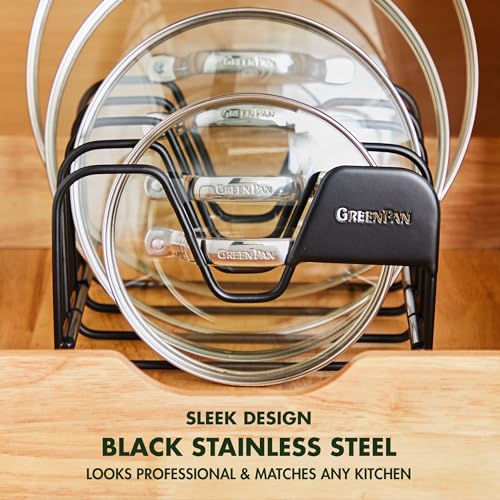 GreenPan Stainless Steel Wire Pots and Pans Lid Storage Rack, Holds 4 Lid Covers, Easy Storage, Countertop or Cabinent Organizer, Minimizes Clutter, Fast Drying, Wipes Clean, Black - size: Lid Storage Rack