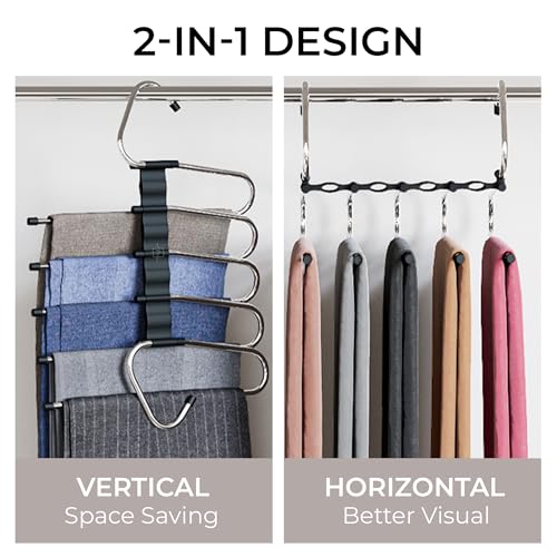 MORALVE Pants Hangers Space Saving - 2 Pack - Non-Slip Multi-Layer Space Saving Hangers - Multifunctional Clothing Rack for Closet Storage - Ideal for Jeans, Trousers, Skirts, Scarves & Slacks (Black) - size: 2 Pack