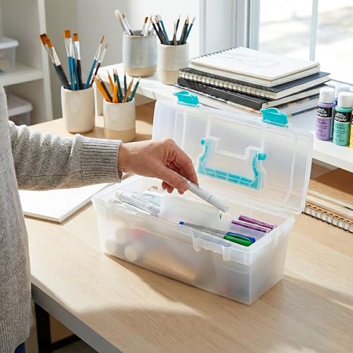ArtBin 6937AG Essentials Lift-Out Tray Box, Portable Art & Craft Organizer with Handle and Tray, Clear/Aqua - color: Aqua Mist Latches