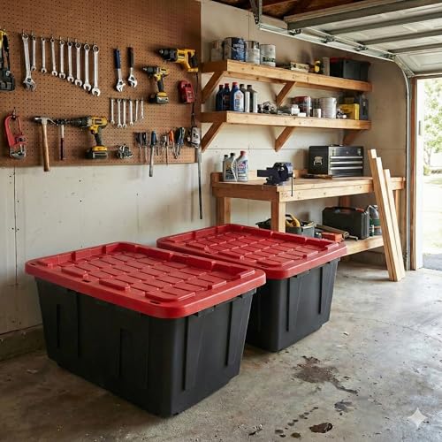 27 Gal Industrial Tote,2 Pack Plastic Storage Bins with Lids Tough Large Storage Bin,Black with Red Lid Plastic Storage,Stackable & Nestable for Garage, Basement, or Outdoor (2 Pack) - size: 2 Pack