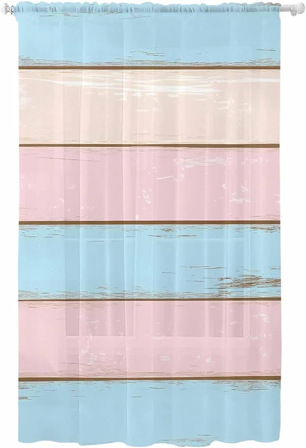 Sheer Curtains 108 Inches Long, Farmhouse Country Shabby Striped Privacy Voile