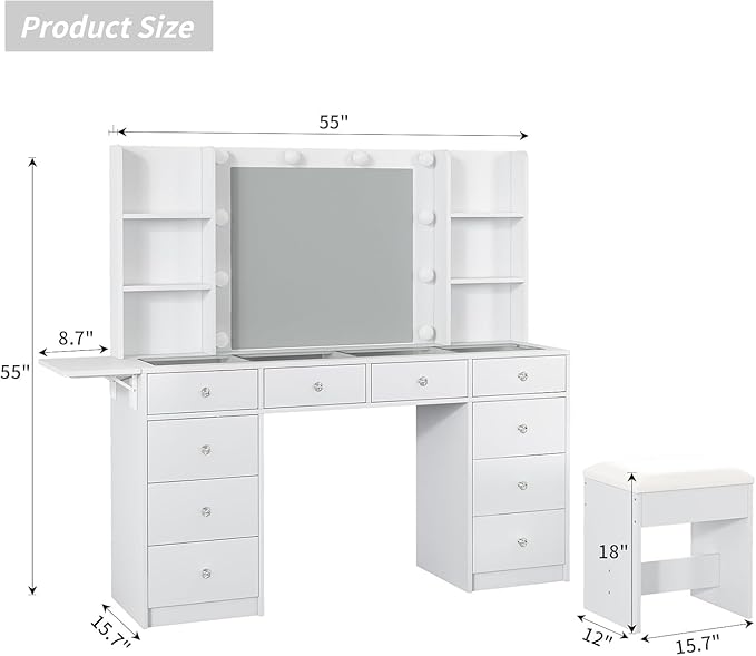 Vanity Desk with Power Outlet, 10 Drawers Makeup Vanity with Mirror and Lights, 3 Colors Adjustable, Fold-up Panel, Glass Top Vanity Set for Bedroom