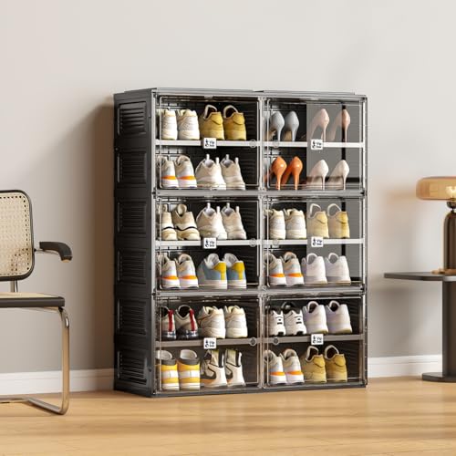 Vipbox Black Shoe Rack Organizer Cabinet for Closet Entryway,Clear Shoe Storage Boxes Stackable Sneaker Storage with Door Easy Assembly Shoe Cabinet with Lids Large 6 Tiers 24 Pairs - size: 6 Tiers 24 Pairs