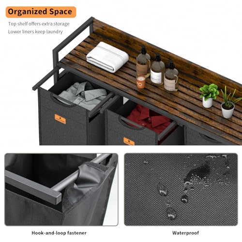Lifeand Laundry Hamper, Laundry Clothes Sorter with 3 Pull-Out Bags and Shelf, Laundry Basket 3 Section, 3×10Gal(38L), Rustic Brown and Black