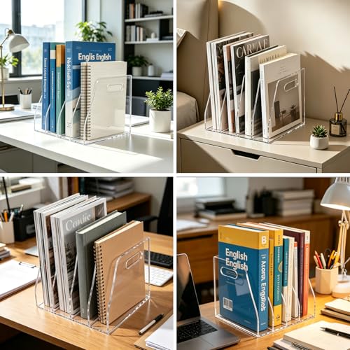 Acrylic Magazine File Holder, 4 Vertical Compartments Desk Document Sorter Organizer, Clear Bookend File Sorter Holder for Office, Documents, Tablets, Magazines, Books - size: B5 File Rack (4 slots)