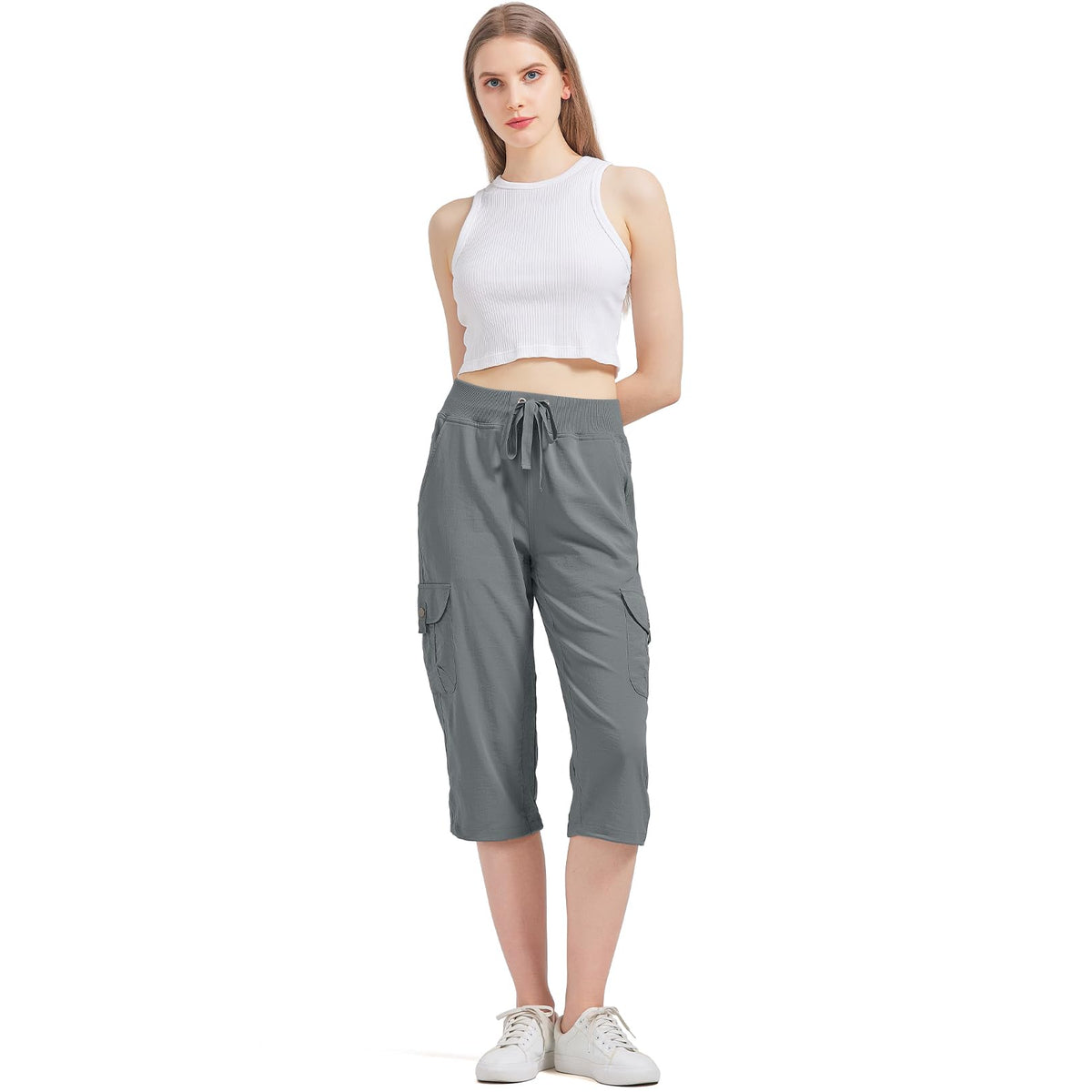 Women's Cargo Capris Hiking Pants with 6 Pockets Lightweight Quick Dry Outdoor Travel Casual Comfy Summer Pants(2032 Grey XXXL)