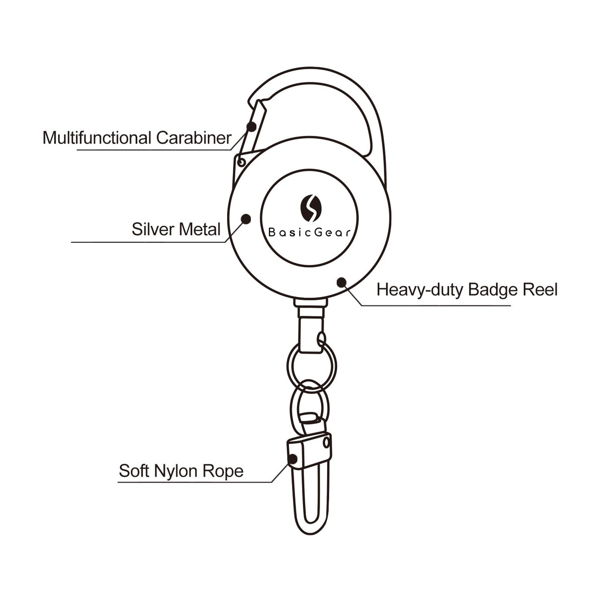 BasicGear Zinger Retractable Keychain 2 Pack – Brushed Metal with 24" Cord, Heavy Duty Badge Reel for Fishing & Outdoors