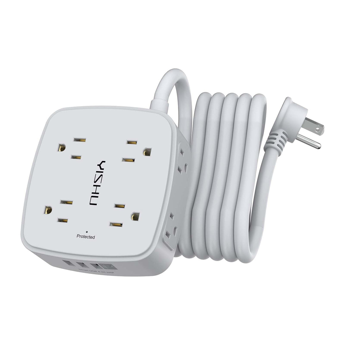 10 Ft Surge Protector Power Strip - 8 Widely Outlets with 4 USB Ports, 3 Side Outlet Extender with 10 Feet Extension Cord, Flat Plug, Wall Mount, Desk USB Charging Station, ETL, Grey