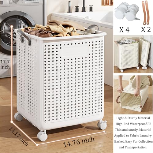 WESAPPINC Collapsible Large Laundry Hamper, Plastic Laundry Basket with Wheels,Suitable for Bathroom, Bedroom, Dorm Room & Laundry Room,Basket with Handle (White) - color: 55L White