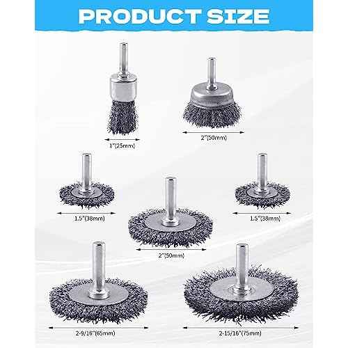 Rocaris 7-Pack Carbon Steel Wire Wheel Brush Set - Cup, Wheel, Pen Brushes with 1/4-Inch Round Shank for Rust Removal, Corrosion and Scrubbing Surfaces