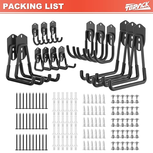 TORACK 15 PCS Garage Storage System Hooks, Shelving Hooks for Keyhole Shelving Units Wall Mount Utility Hooks for Tools, Ladders, Cords, Folding Chairs, Shovels and Rakes(Black)