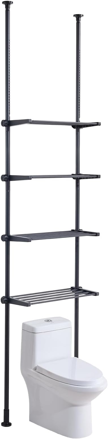 VEVOR Over Toilet Shelf, 4-Tier Adjustable AboveToilet Bathroom Storage, Low-Carbon Steel 53"-132" Tall Storage Shelf Rack, Easy Assembly Laundry Space Saver, for Small Rooms, Fit Most Toilets