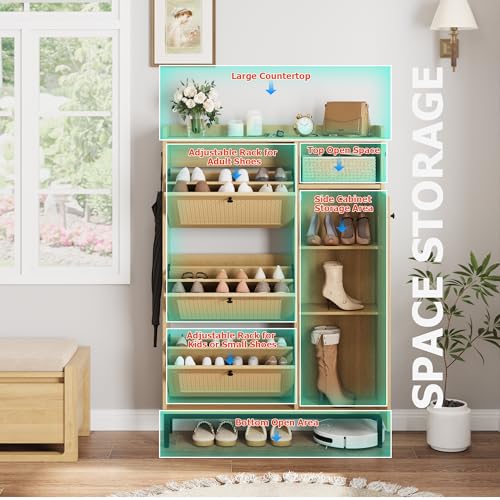 GarveeHome Shoe Cabinet Rattan with 3 Flip Drawers and 4-Tier Shoe Storage Cabinet, Freestanding Shoe Organizer with Adjustable Shelves for Entryway, Closet, Hallway (Light Oak)