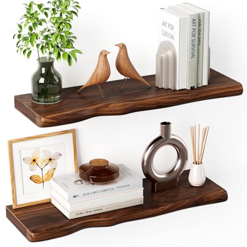 Solid Wood Live Edge Floating Shelves Set of 2 – 24" Rustic Wall Shelf with Hidden Bracket System, Wall Mounted Shelves for Bathroom, Kitchen, Living Room, Bedroom (Walnut) - color: Walnut, size: 24 inch - 2pcs