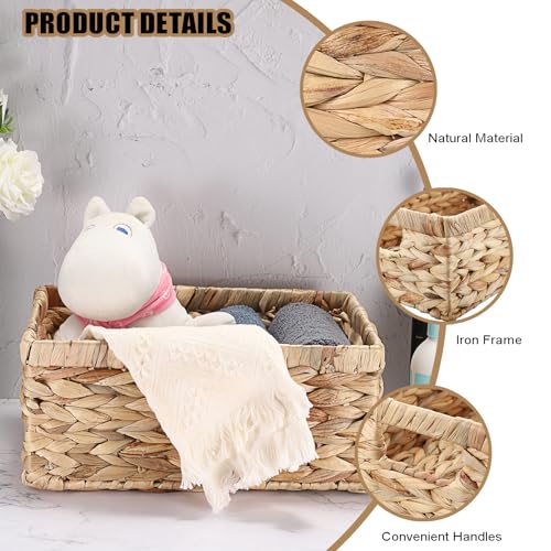 Wicker Basket for Shelf Water Hyacinth Storage Baskets with Built-in Handles Handwoven Natural Basket Bin for Bathroom Kitchen Home Decor,12 x 9 x 5 inches - size: 12"L x 9"W x 5"H