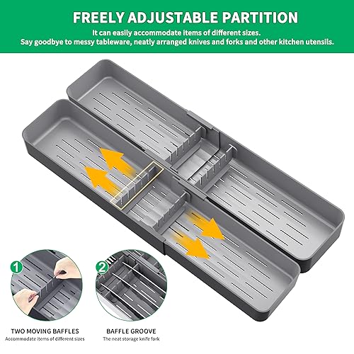 Kitchen Drawer Silverware Organizer, Adjustable Cutlery Organizer, Expandable Utensils Holder, Silverware Dividers Tray, Storage for Flatware, Large Drain Board (Gray,2 Sets)