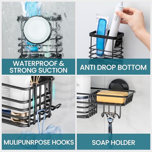 TAILI Shower Caddy Suction Cup, 3 Pack Shelves for Inside with Hooks & Soap Holder Toothbrush Cups, Removable Bathroom Organizer, Rustproof Black Shelves - style: 3 × Black