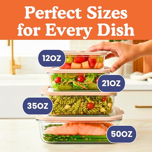 Ziruma Non-Toxic 4 Pack - Glass Food Storage Containers With Lids – Plastic Free, Airtight Meal Prep Containers, Multi-Size (12, 21, 35, 50 Oz), Microwave & Freezer Safe - size: Multi-Size