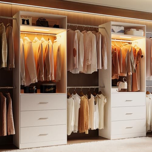 Wooden Closet System With LED Light 11FT Closet Organizer with 3 Wooden Drawers Walk-in Closet Organizer System with Tower and 4 Extendable Hanging Rods White