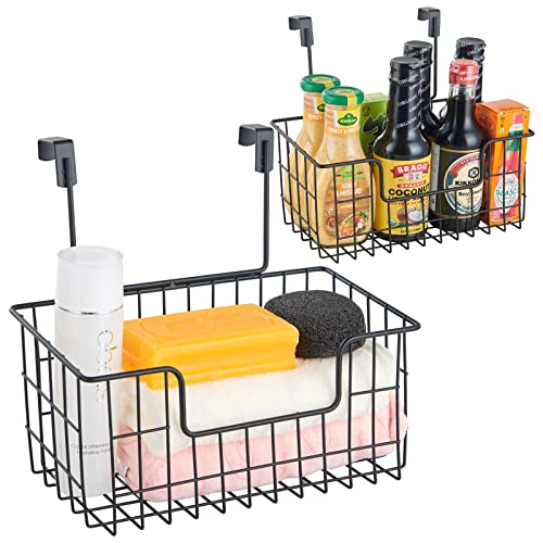 JUNCHU CHERRY Wire Hanging Storage Basket 2 Packs, Wall Mounted Kitchen Bathroom Storage Basket, Home Multi-Functional, no Punching, Bearing Strong, Suitable for Home, Office,Black - color: Black