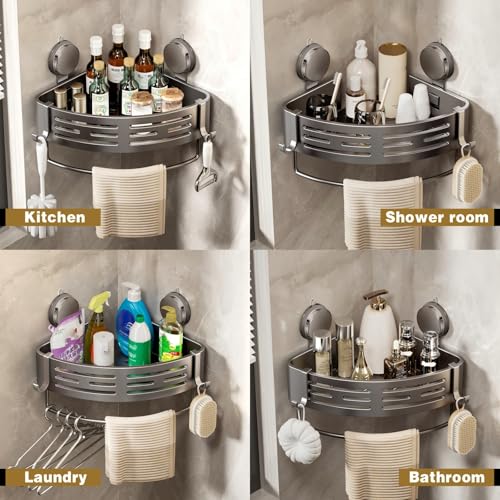VOLPONE Corner Shower Caddy Suction Cup Shower Shelf Corner No Drilling Bathroom Shower Organizer Storage Rack Adhesive with Towel Bar Hooks (2-Pack, Matte Gray) - style: Suction Cup Triangle with Towel holder 2 Tier Gray