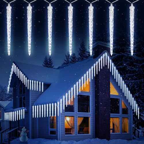 Brightown Christmas Meteor Shower Icicle Lights Outdoor, 30ft with 30 Tube 720 LED Dropping Effect, Waterproof Decorations for House Eave Roofline, Cool White
